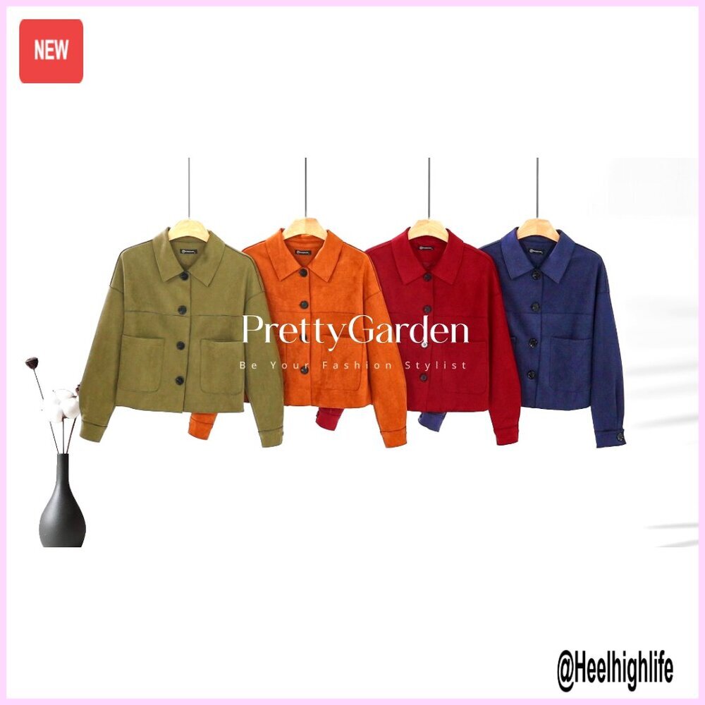 Faux Suede Cropped Jacket, Button Front, Patch Pockets, Lightweight Fall - Picture 7 of 7
